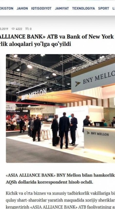 «ASIA ALLIANCE BANK» ATB va Bank of New York Mellon o‘rtasida hamkorlik aloqalari yo‘lga qo‘yildi.